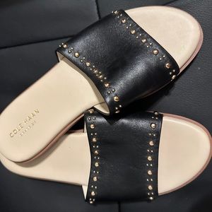 NWOT Cole Haan Sz 6 flat slide sandals, black with gold tone studs